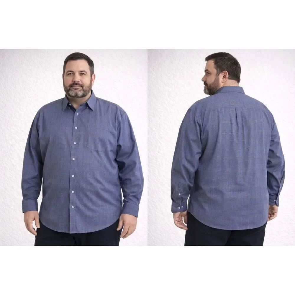 Haggar Men’s 2XL Blue Check Button Up Shirt Long Sleeve Cotton Blend Classic Fit
